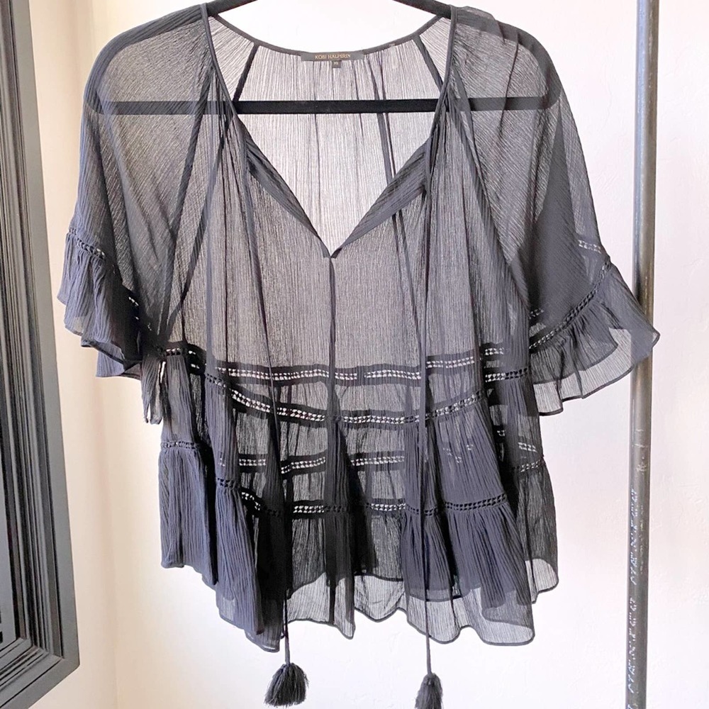 KOBI HALPERIN Women's Black Silk Sheer Short Sleeve Tassel Tie Peasant Top sz XS